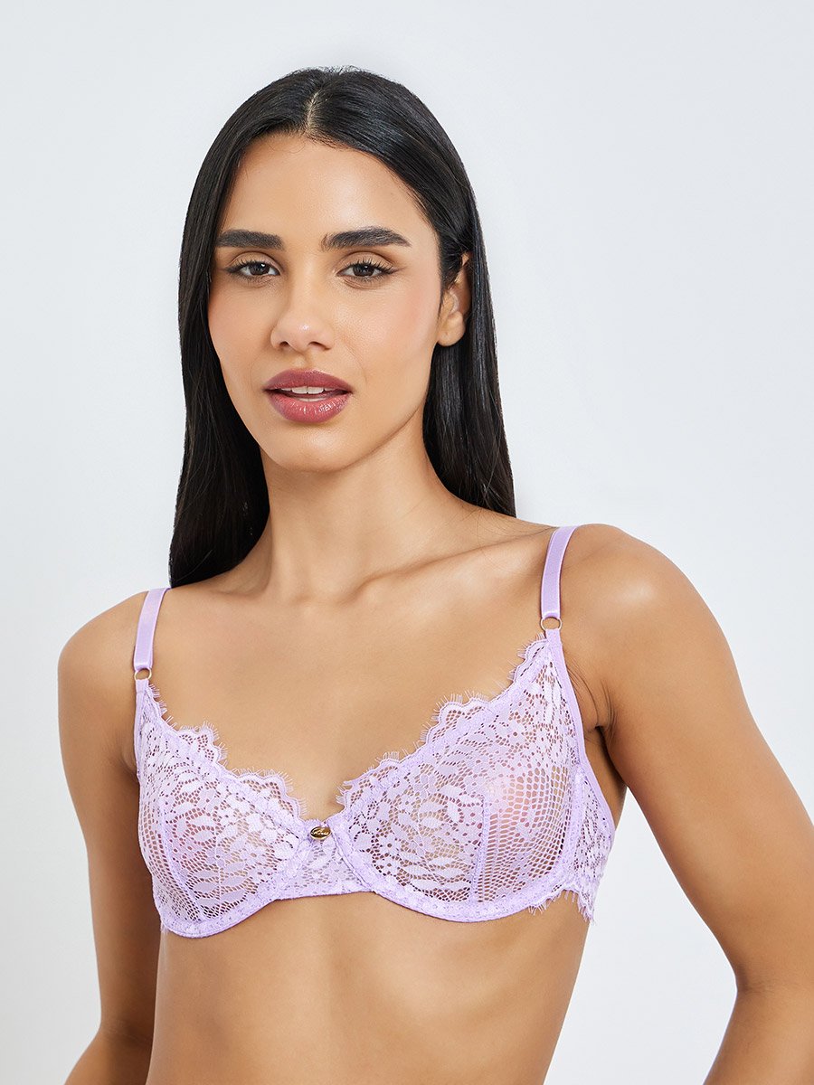 Floral Mesh Non Padded Wired Bra and Thong Brief Set