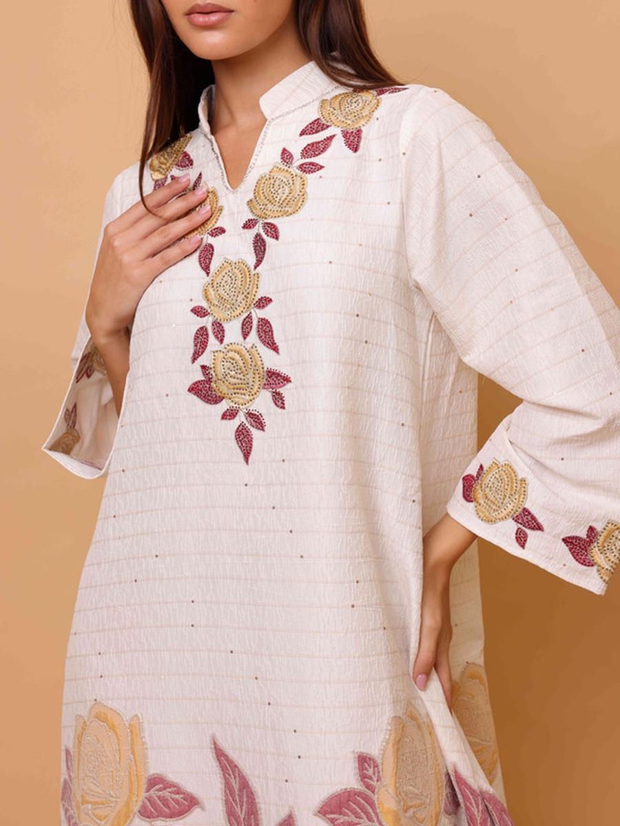 Red Floral Print Textured Jalabiya