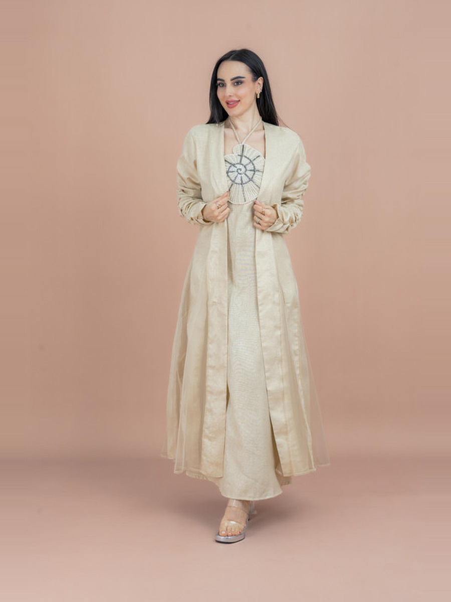 Solid Ruched Sleeve Abaya and Beaded Dress Modest Set