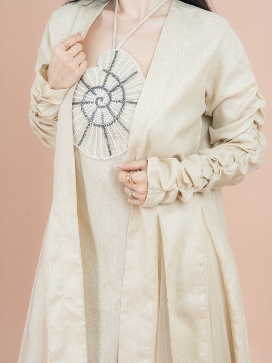 Solid Ruched Sleeve Abaya and Beaded Dress Modest Set