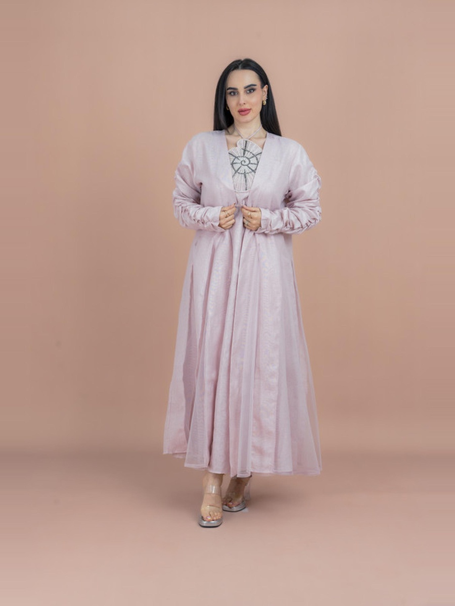 Solid Ruched Sleeve Abaya and Beaded Dress Modest Set