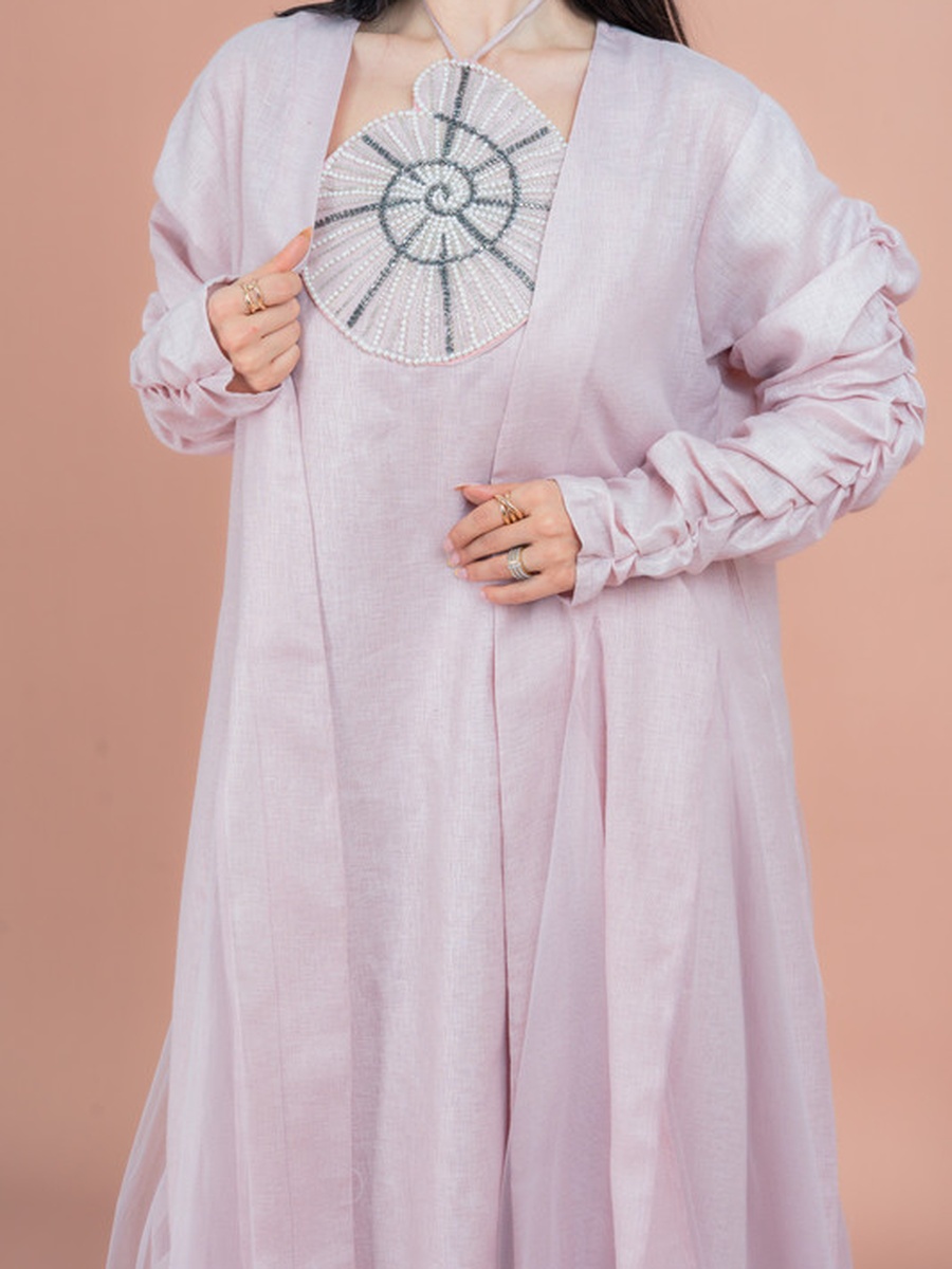 Solid Ruched Sleeve Abaya and Beaded Dress Modest Set