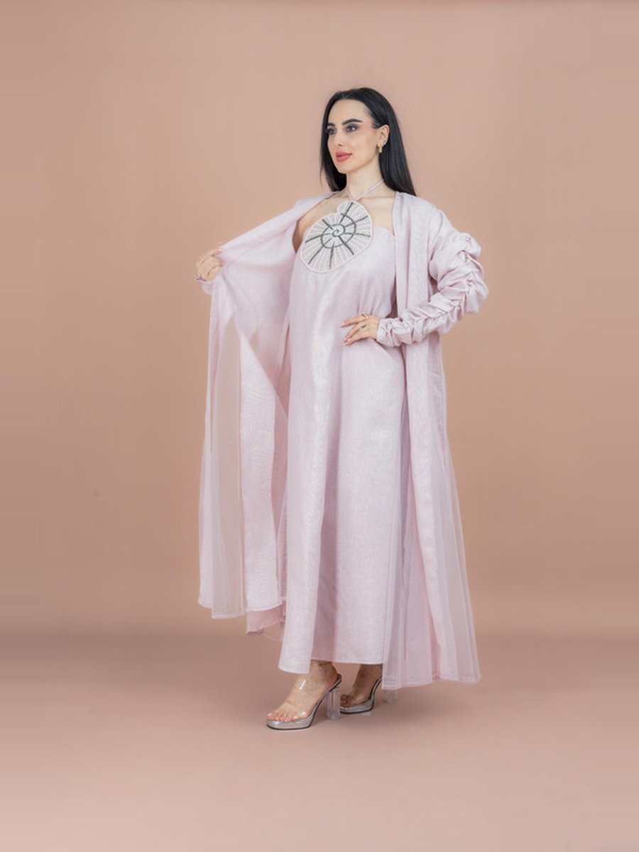 Solid Ruched Sleeve Abaya and Beaded Dress Modest Set