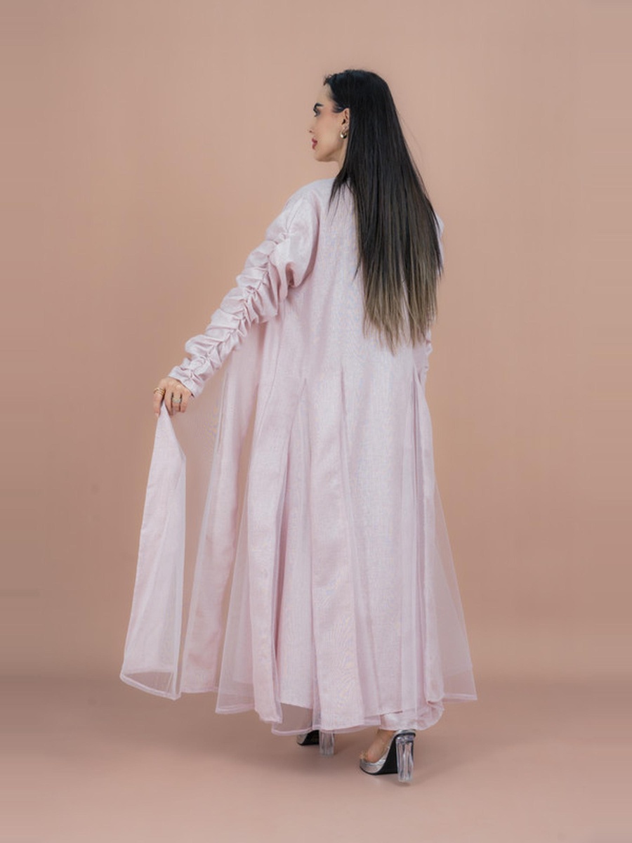 Solid Ruched Sleeve Abaya and Beaded Dress Modest Set