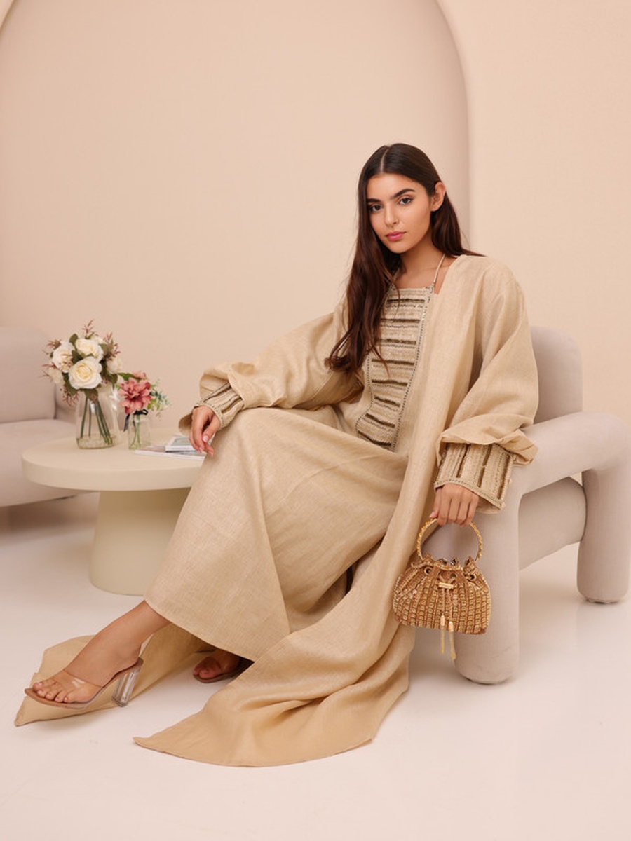 Open Front Abaya and Sequined Panel Dress Modest Set