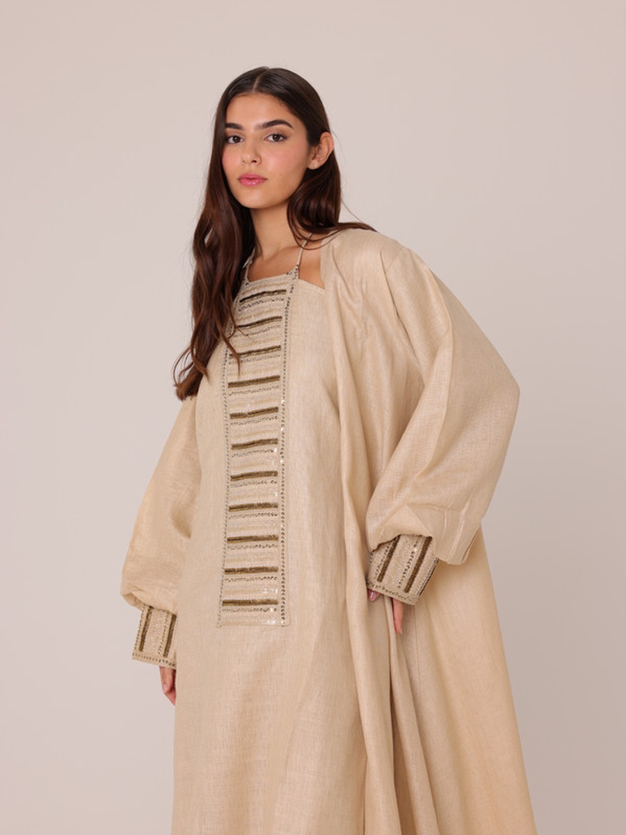Open Front Abaya and Sequined Panel Dress Modest Set