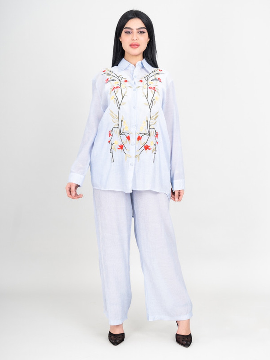 Embroidered High-Low Hem Shirt and Trousers Modest Set