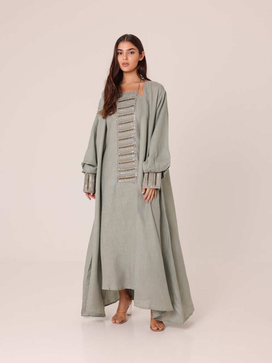 Open Front Abaya and Sequined Panel Dress Modest Set