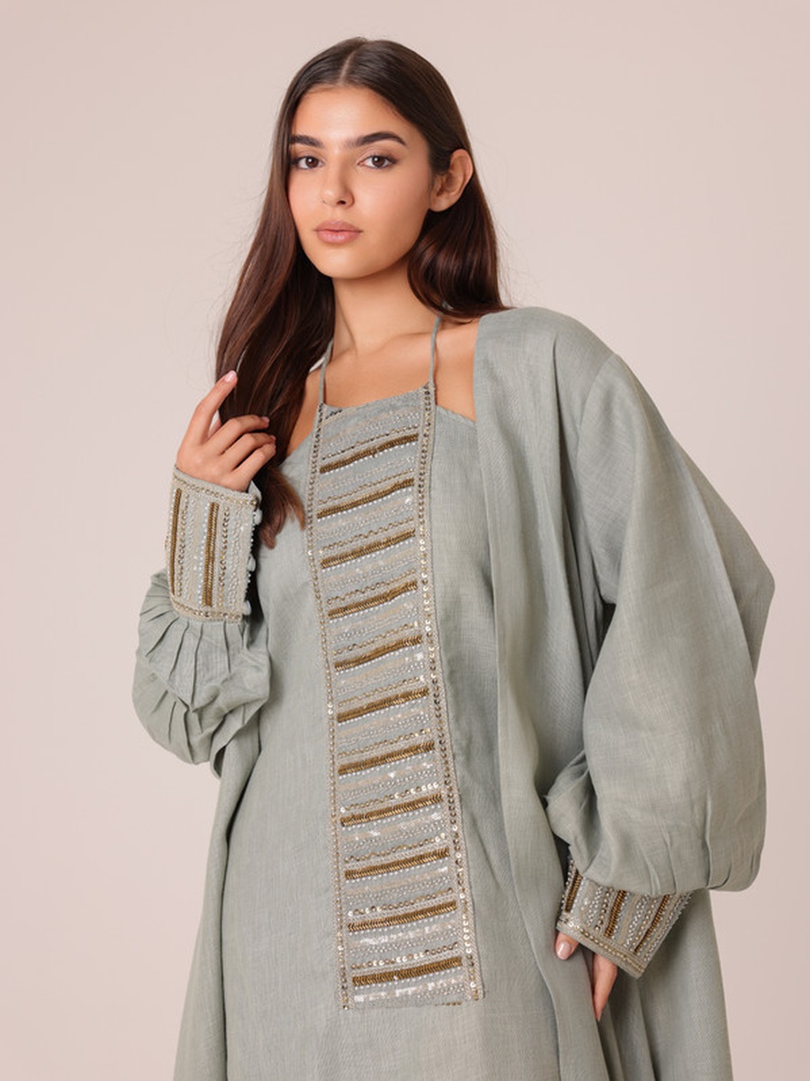 Open Front Abaya and Sequined Panel Dress Modest Set