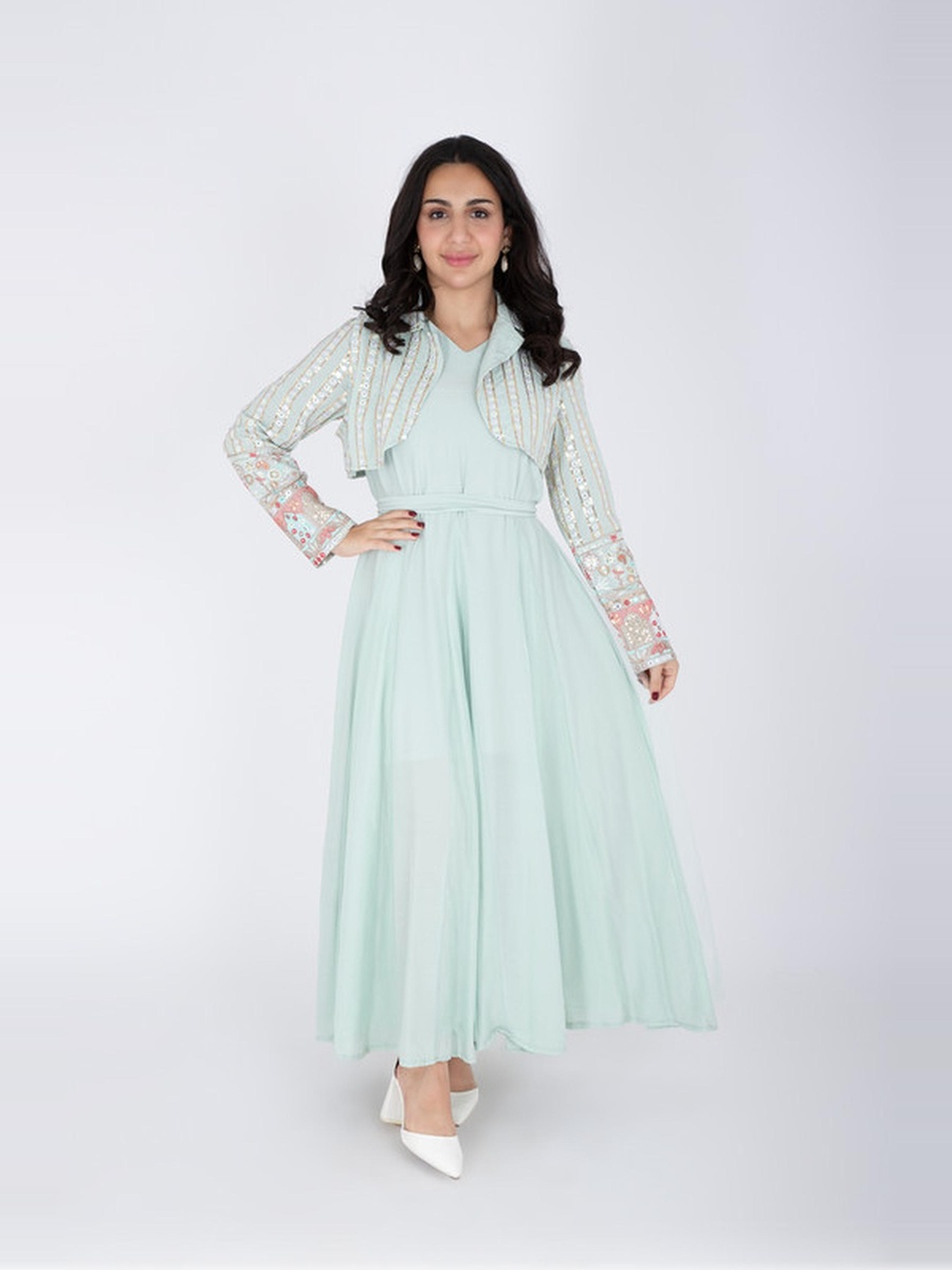 V Neck Maxi Dress with Embroidered Bolero Set