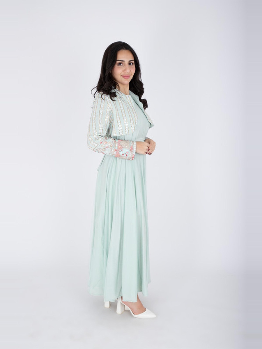 V Neck Maxi Dress with Embroidered Bolero Set