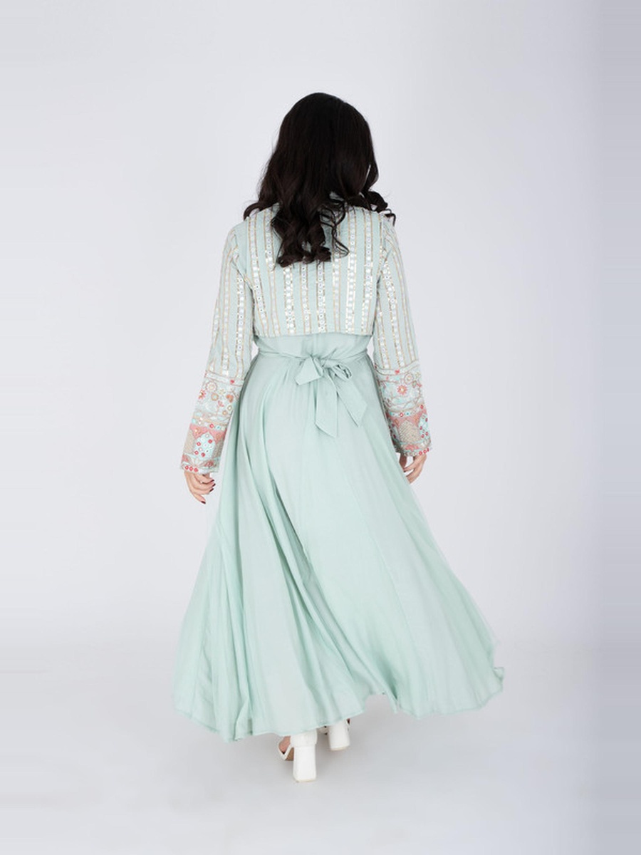V Neck Maxi Dress with Embroidered Bolero Set