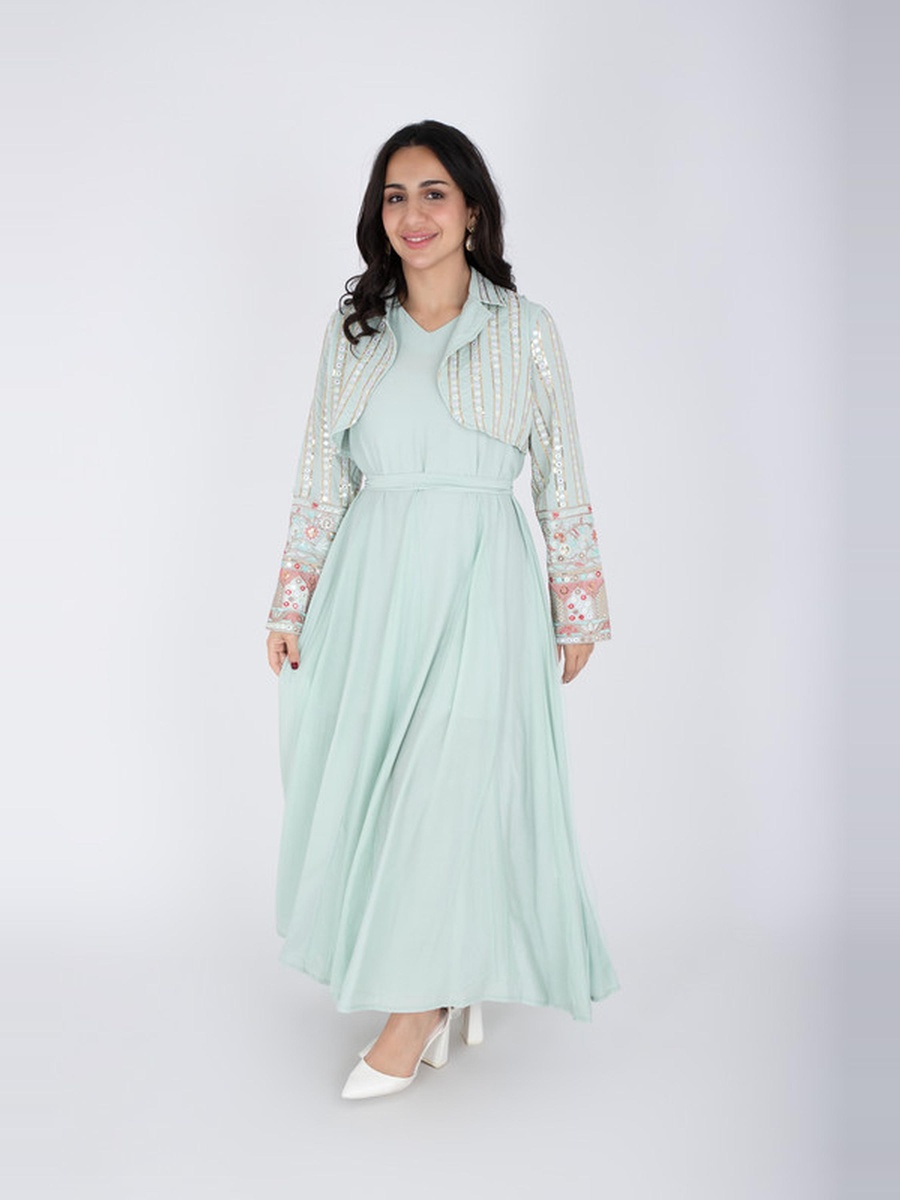 V Neck Maxi Dress with Embroidered Bolero Set