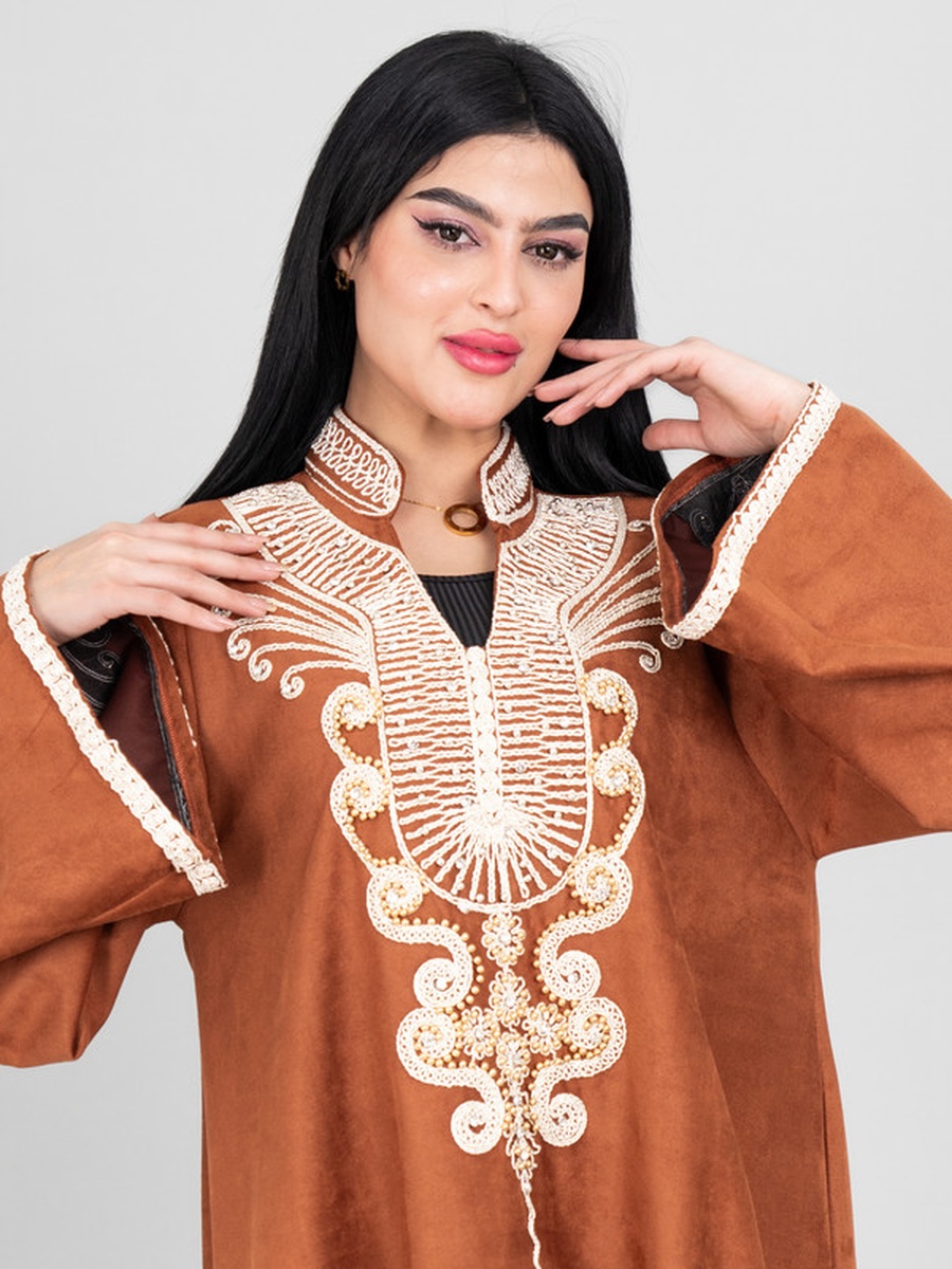 Embroidered Yoke Suede Look Jalabiya