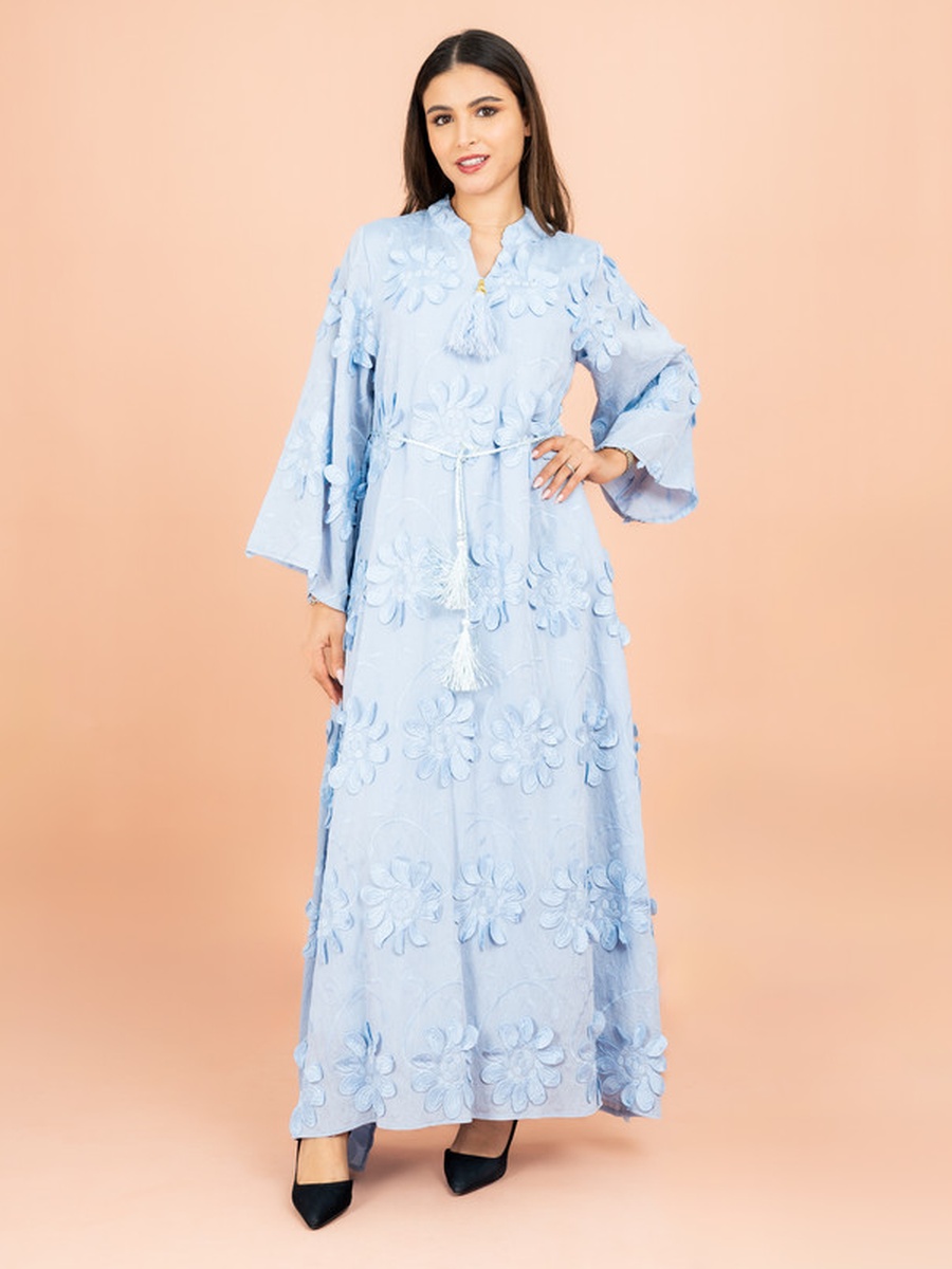 3D Flowers Modern Jalabiya with Tie Belt