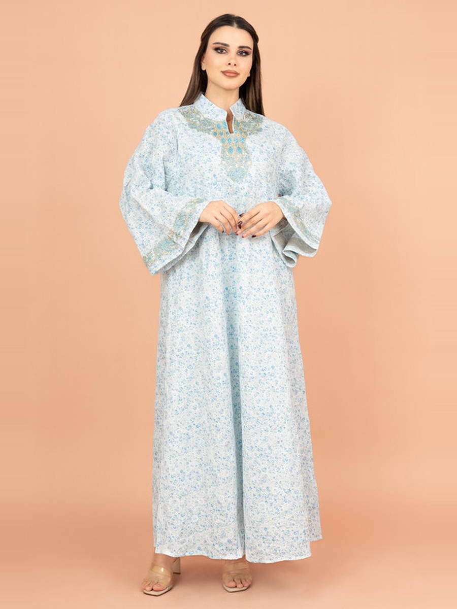 Embroidered Mandarin Collar A-Line Jalabiya