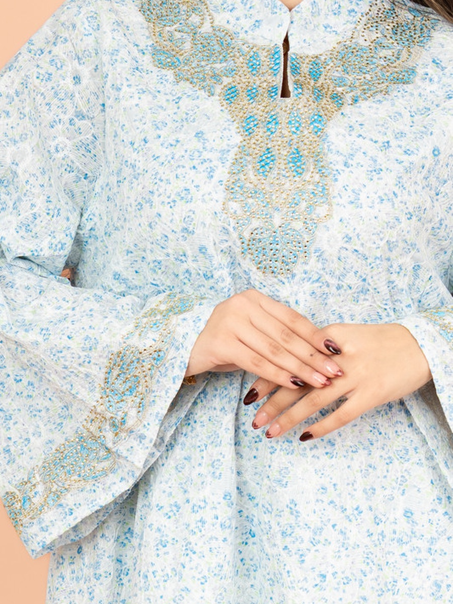 Embroidered Mandarin Collar A-Line Jalabiya
