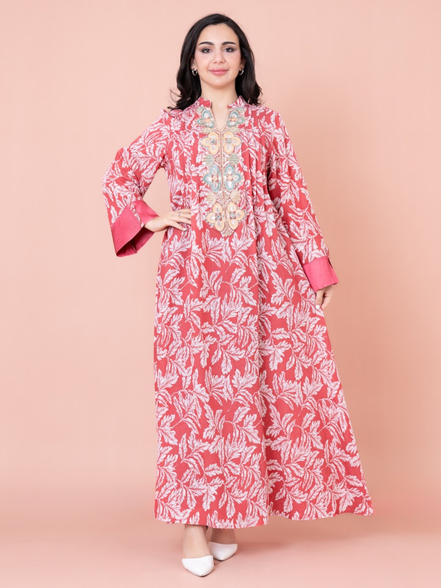 Embroidered Leaf Print A-Line Jalabiya