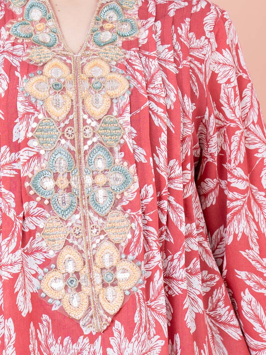 Embroidered Leaf Print A-Line Jalabiya