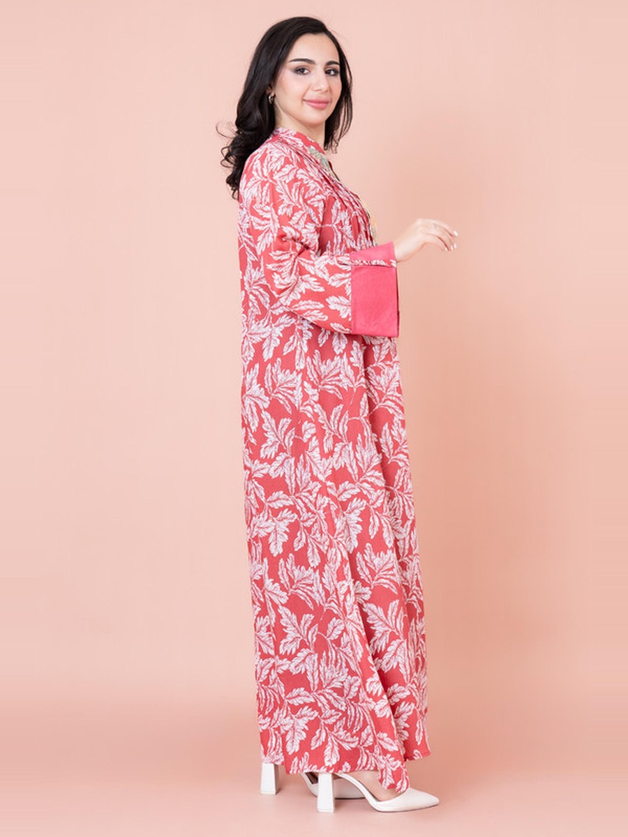 Embroidered Leaf Print A-Line Jalabiya