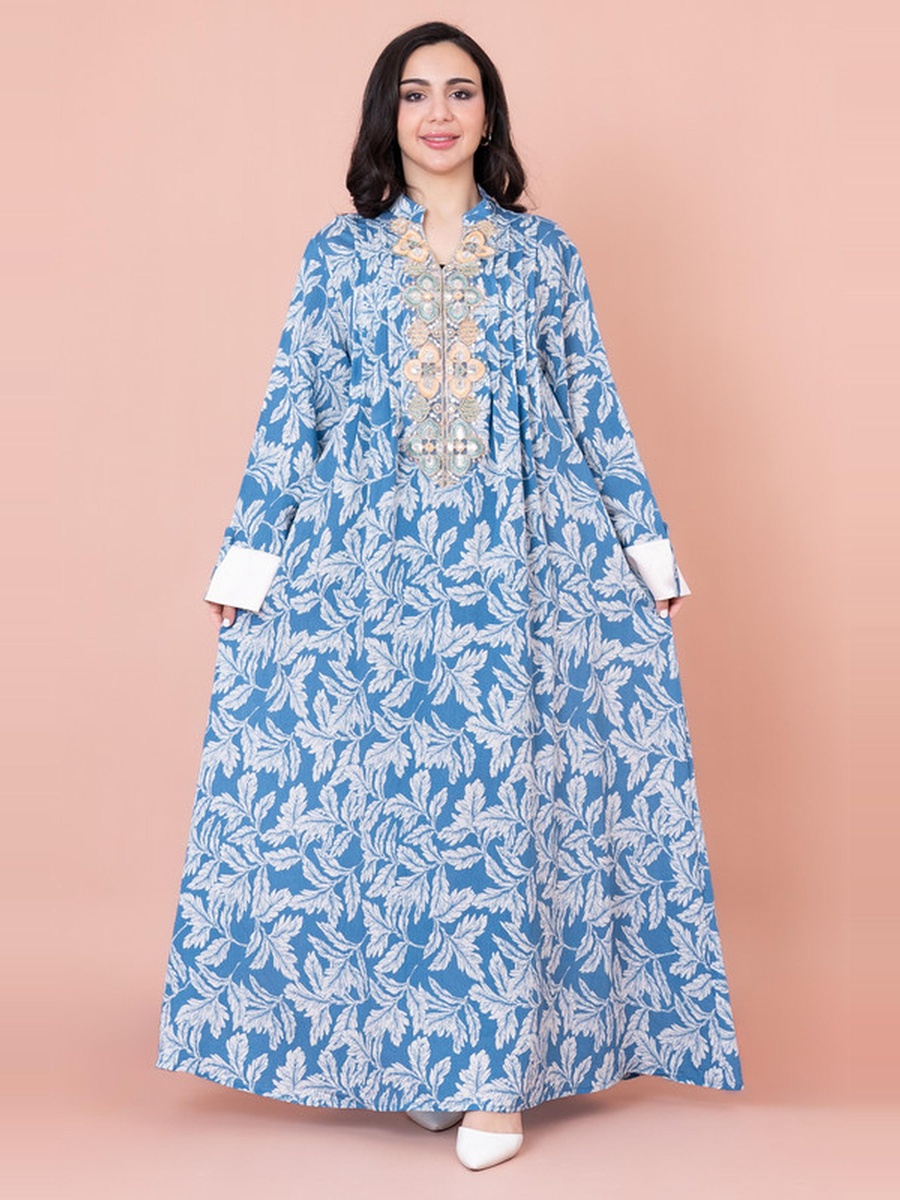 Embroidered Leaf Print A-Line Jalabiya