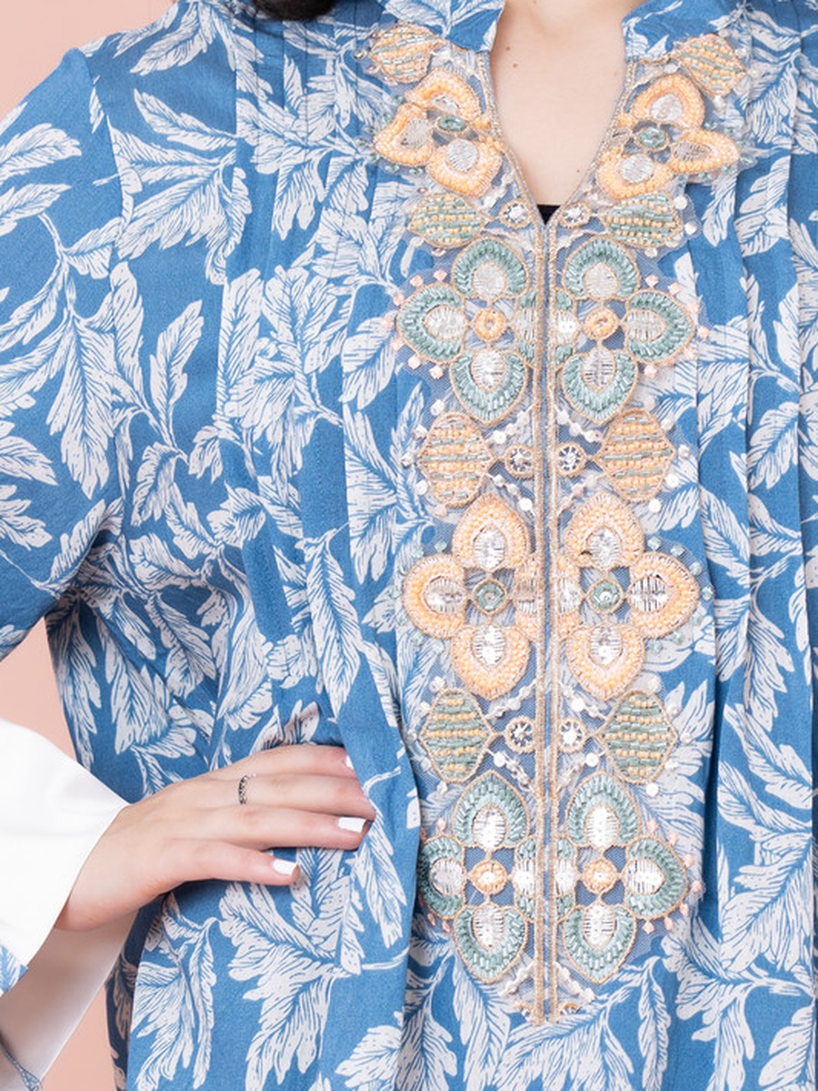 Embroidered Leaf Print A-Line Jalabiya
