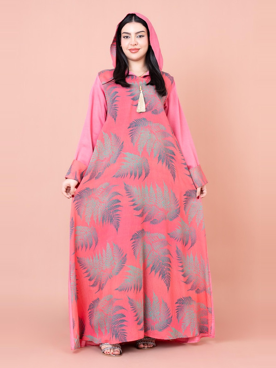 All-Over Leaf Printed Hooded Jalabiya
