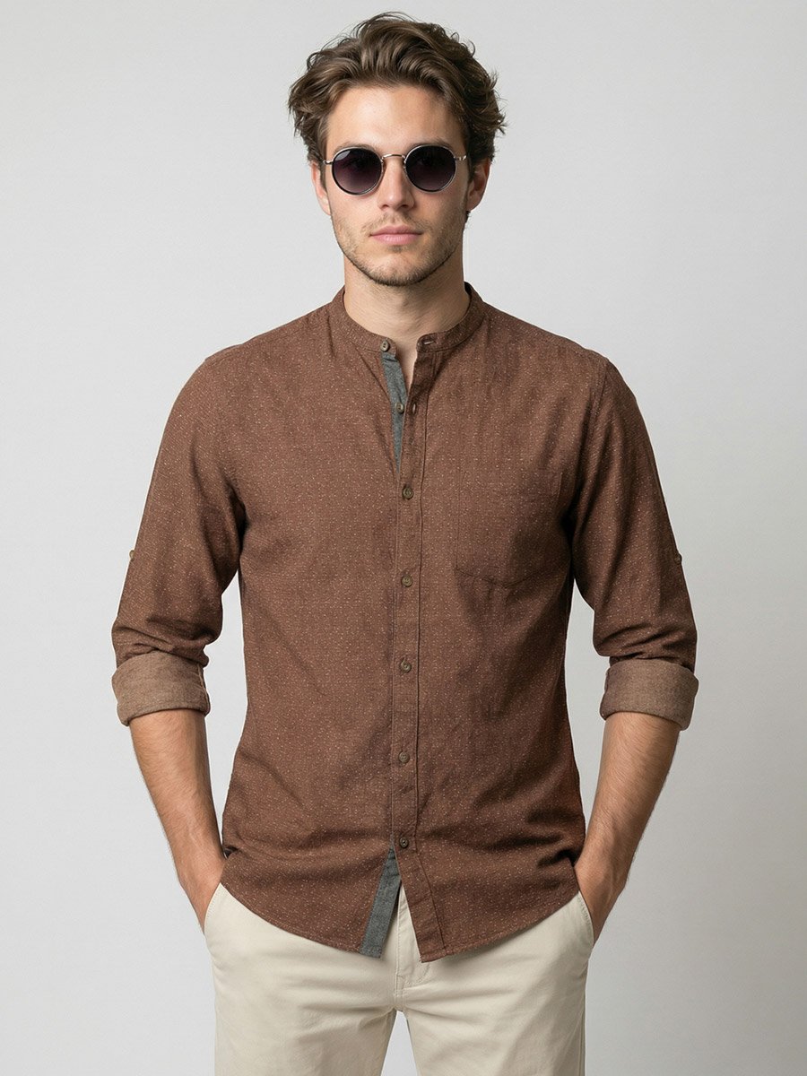 Men Beige Mandarin Collar Shirt