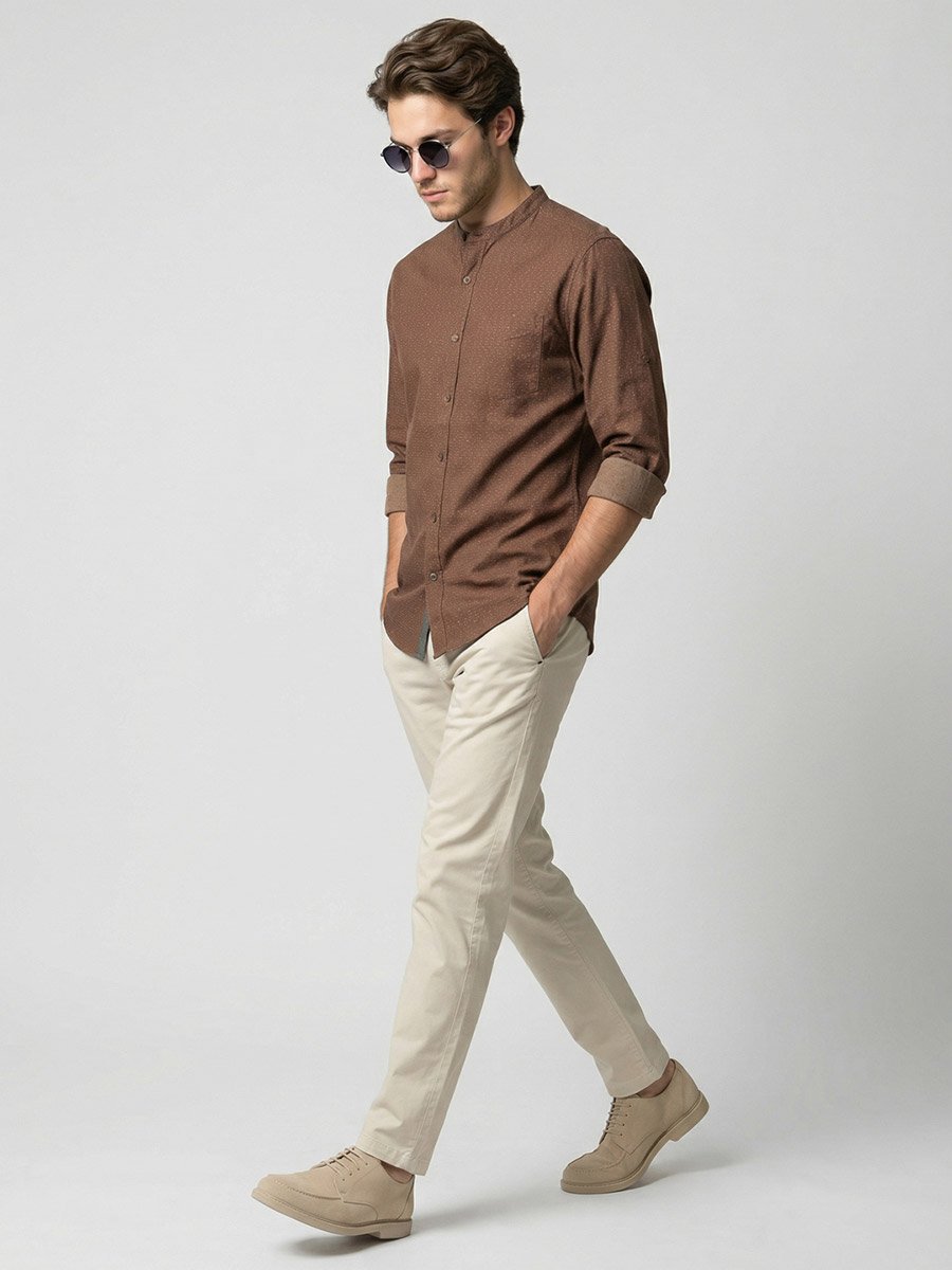 Men Beige Mandarin Collar Shirt