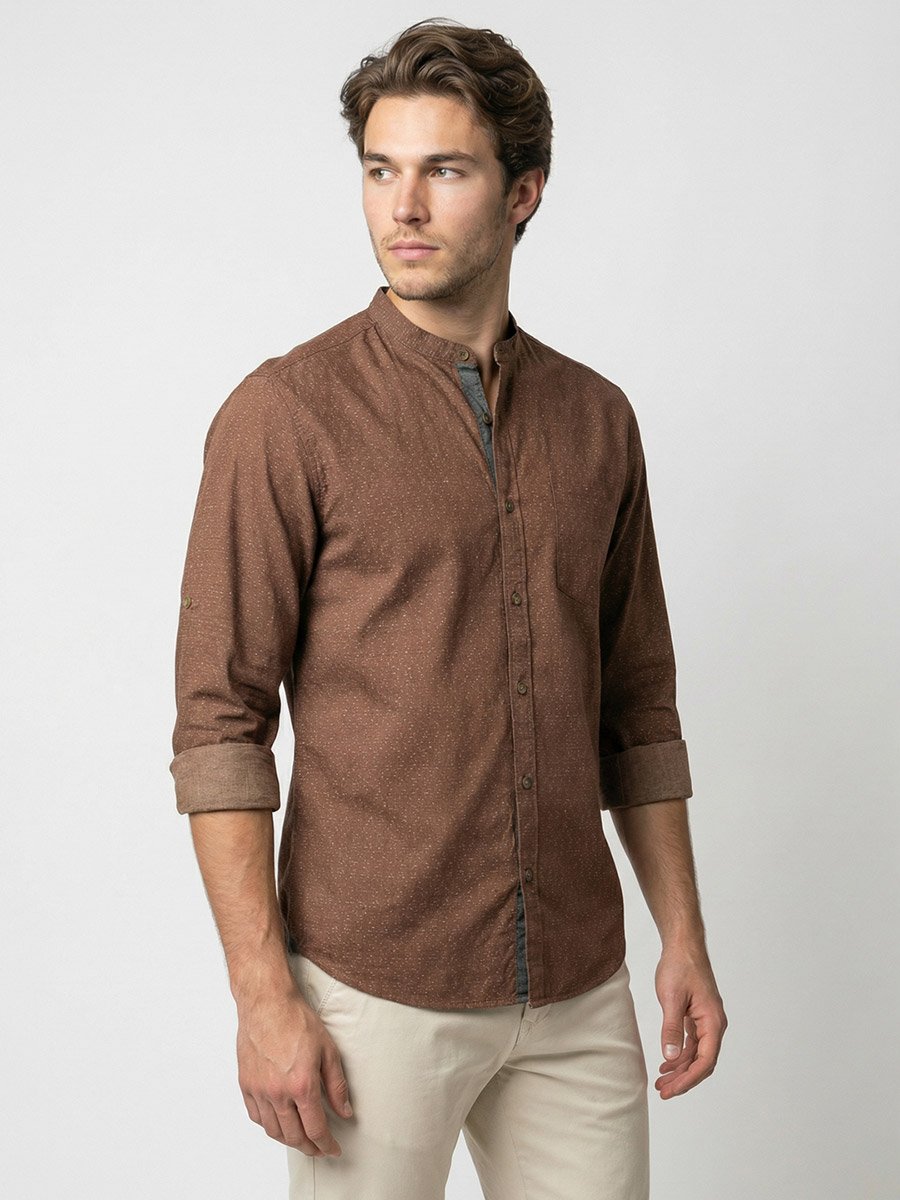 Men Beige Mandarin Collar Shirt