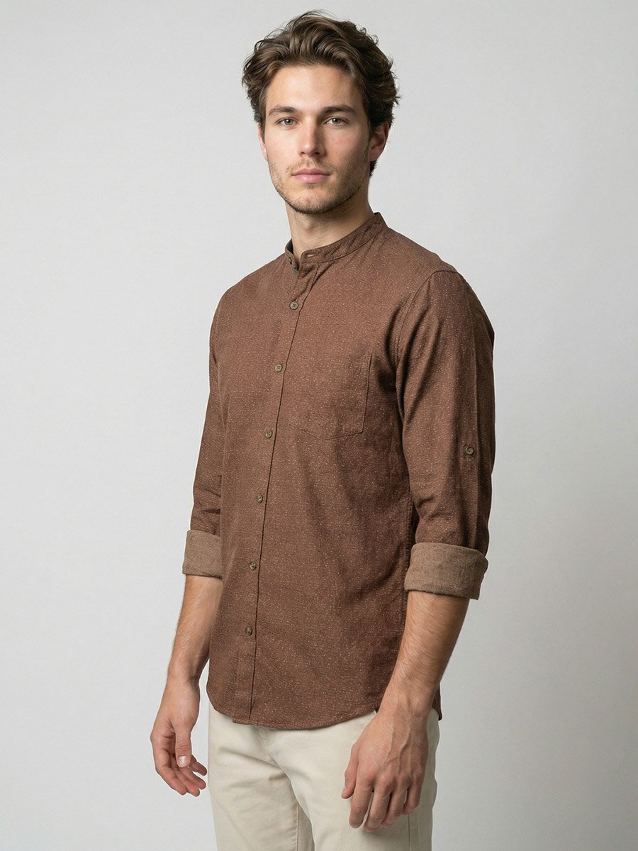 Men Beige Mandarin Collar Shirt