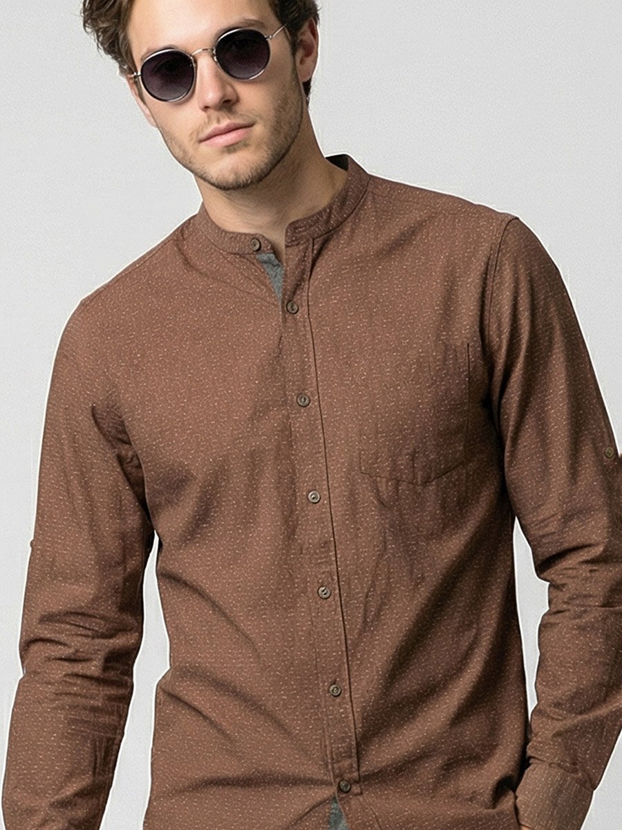 Men Beige Mandarin Collar Shirt