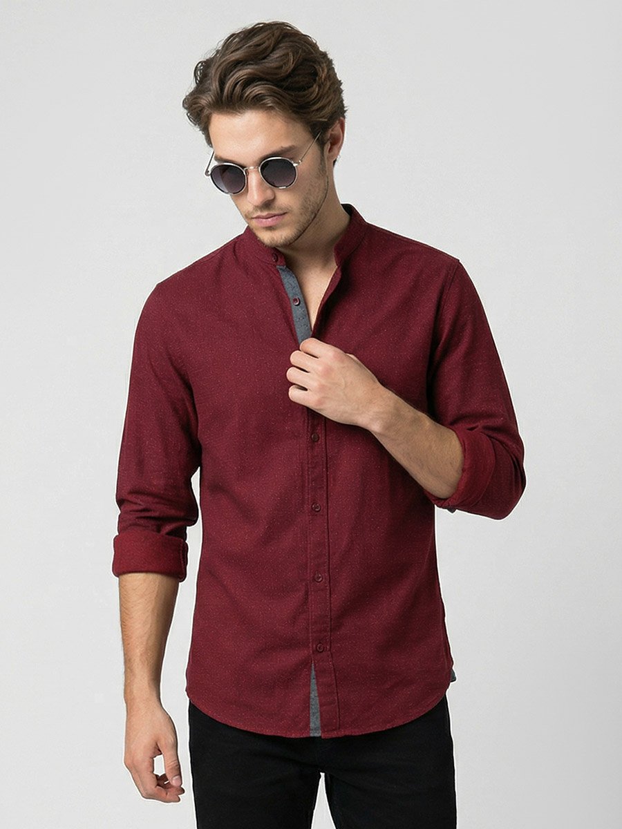 Men Red Mandarin Collar Shirt