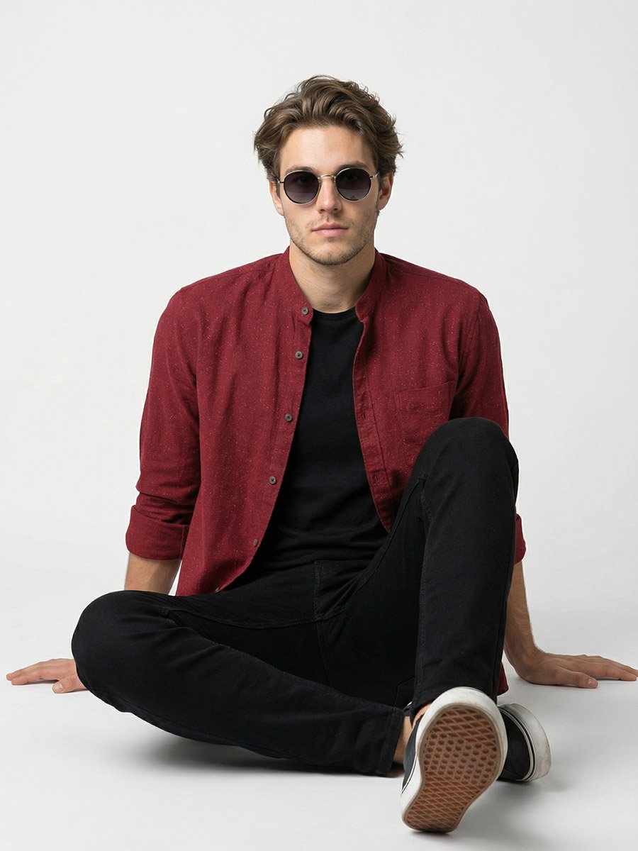 Men Red Mandarin Collar Shirt