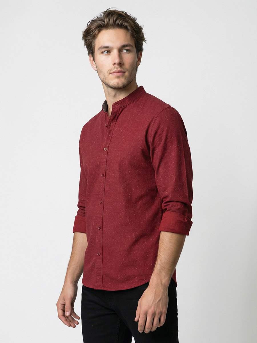 Men Red Mandarin Collar Shirt