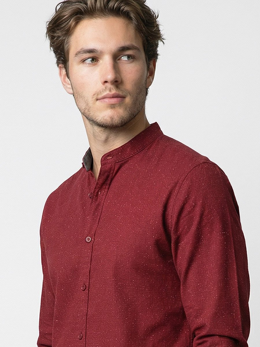 Men Red Mandarin Collar Shirt