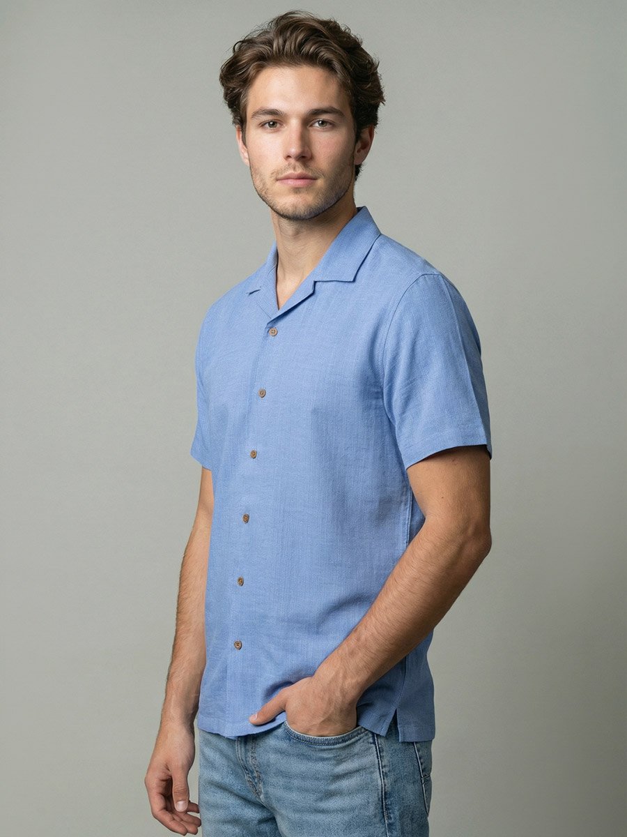 Men Light Blue Plain Cuban Collar Shirt