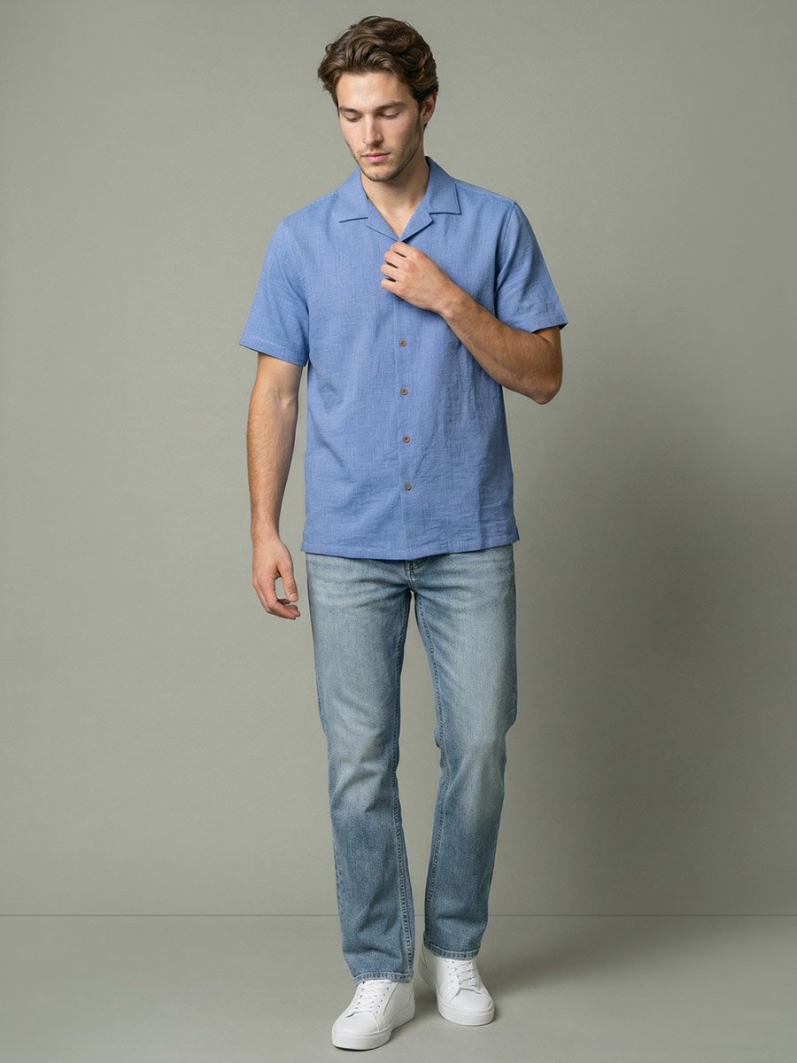 Men Light Blue Plain Cuban Collar Shirt