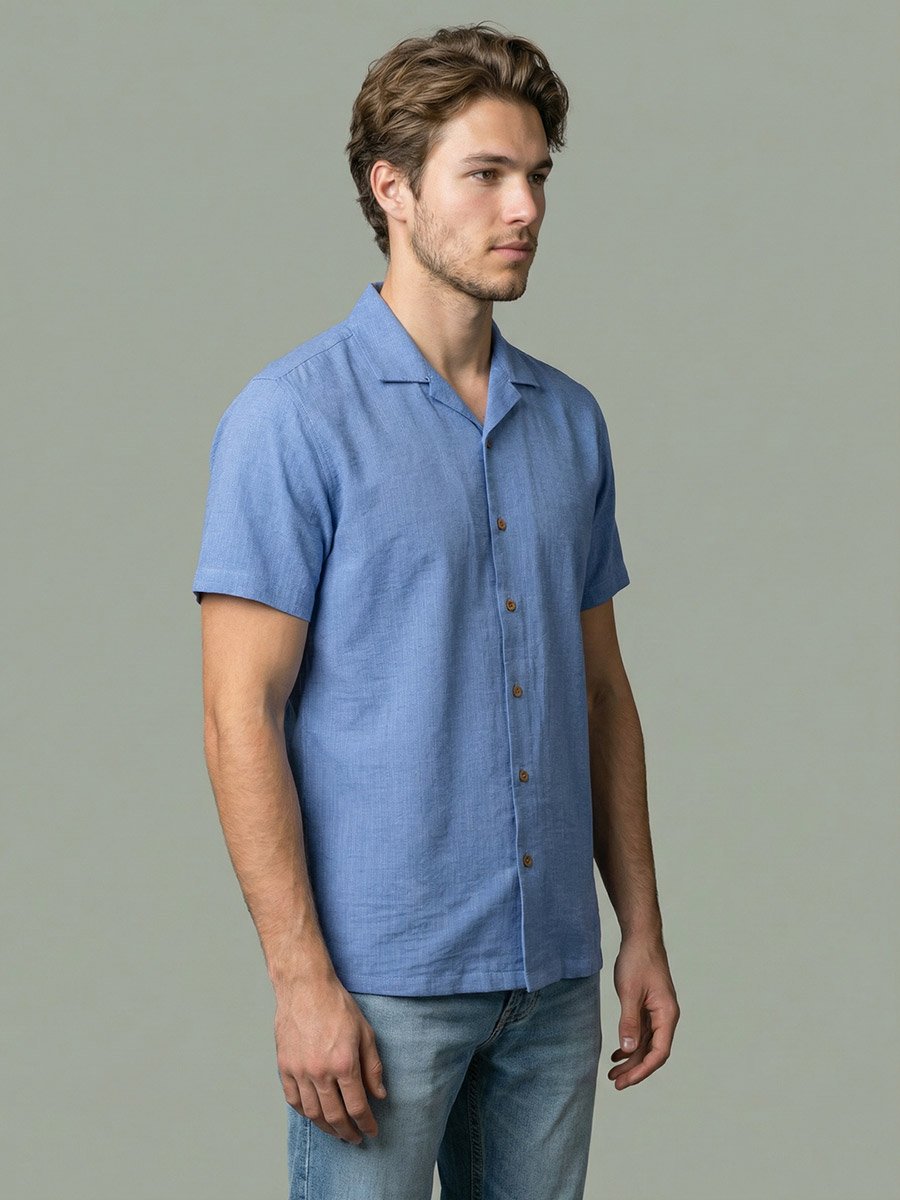 Men Light Blue Plain Cuban Collar Shirt