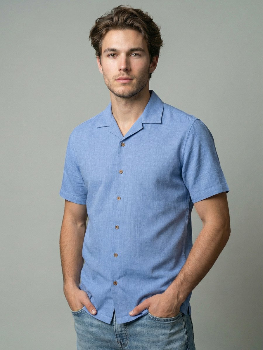 Men Light Blue Plain Cuban Collar Shirt
