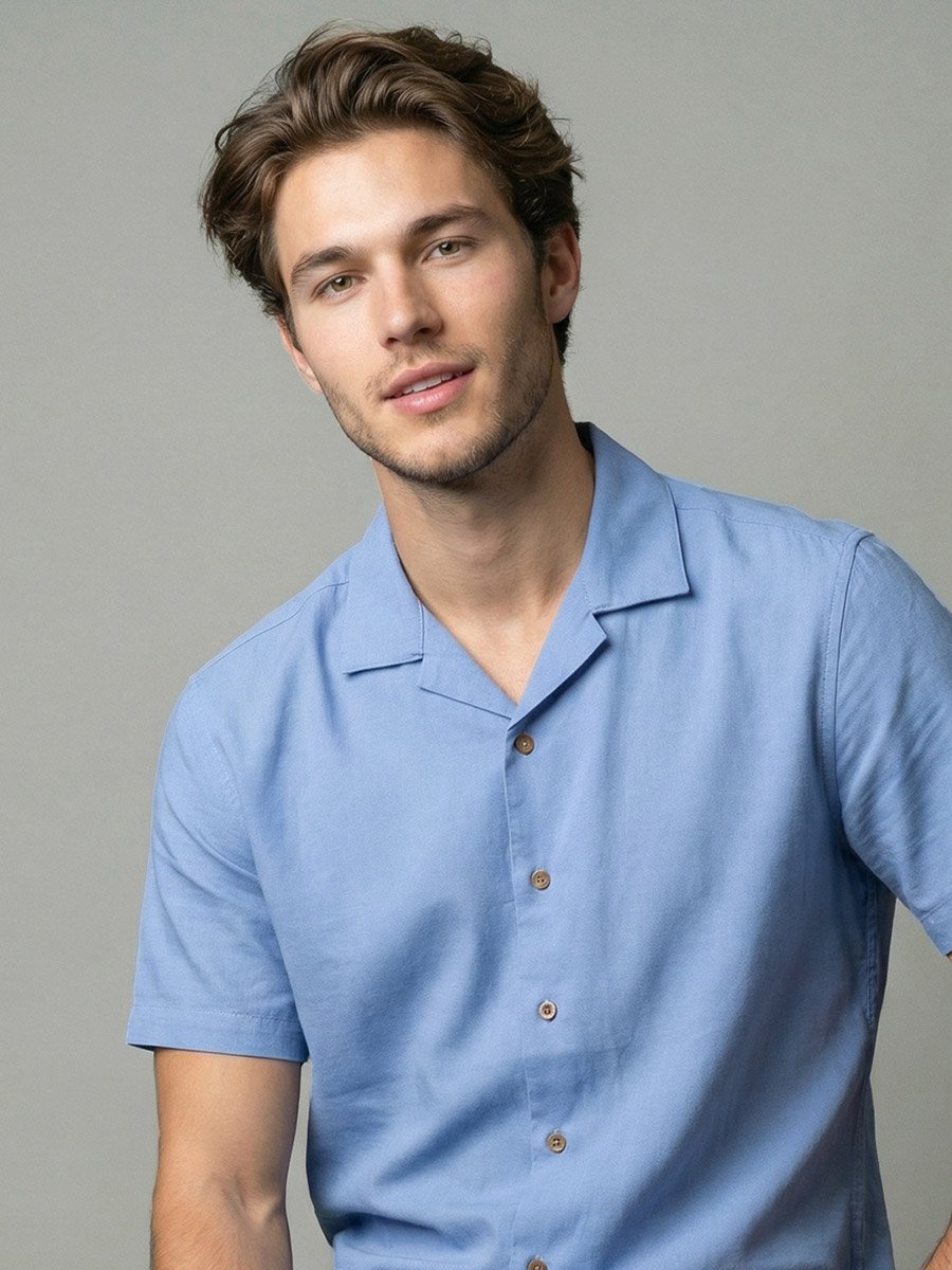 Men Light Blue Plain Cuban Collar Shirt