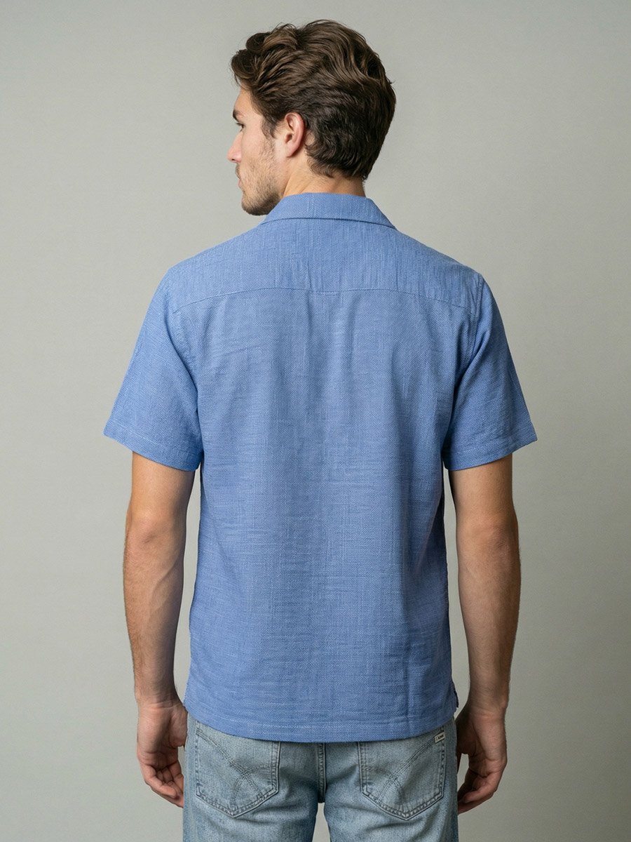Men Light Blue Plain Cuban Collar Shirt