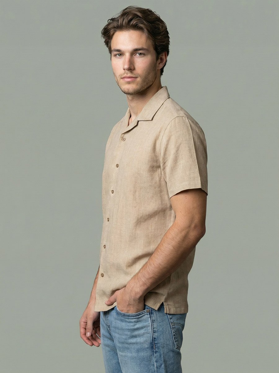 Men Beige Linen Cuban Collar Shirt