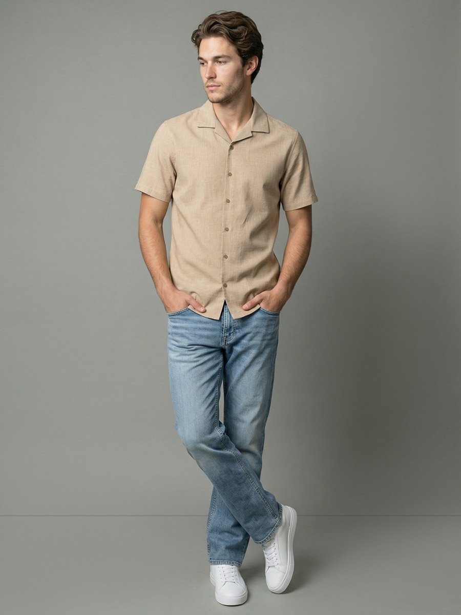 Men Beige Linen Cuban Collar Shirt