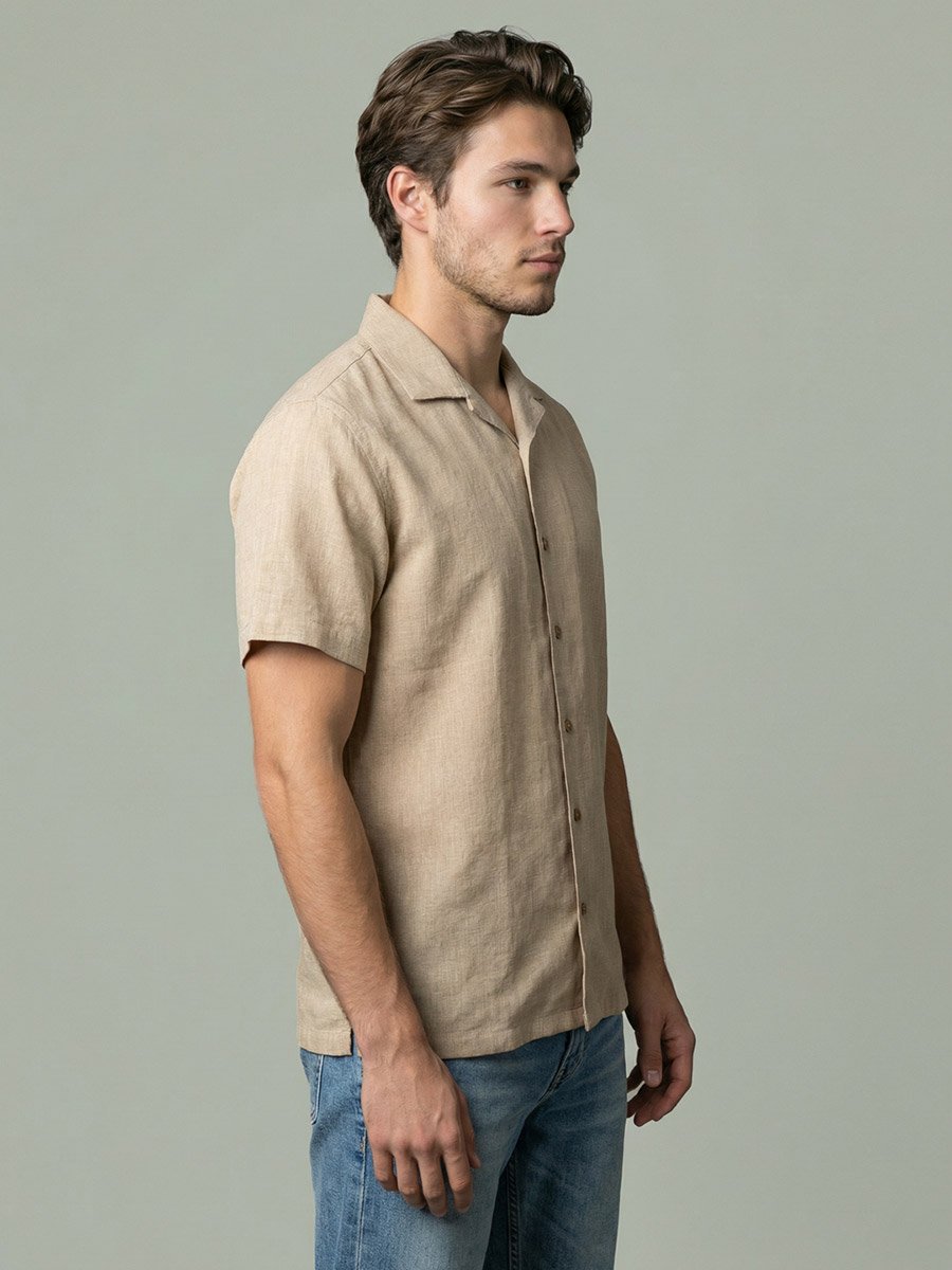Men Beige Linen Cuban Collar Shirt