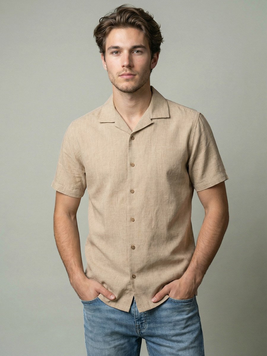 Men Beige Linen Cuban Collar Shirt