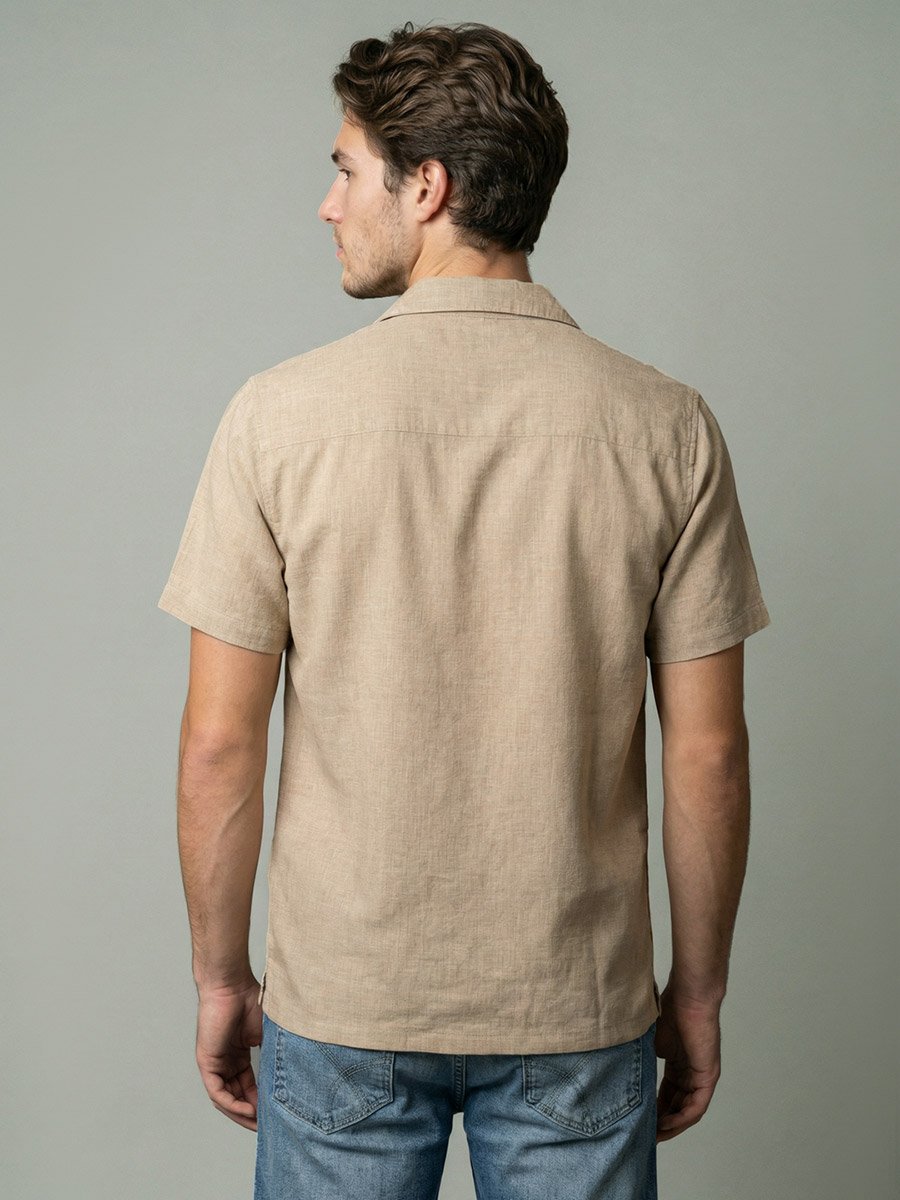 Men Beige Linen Cuban Collar Shirt