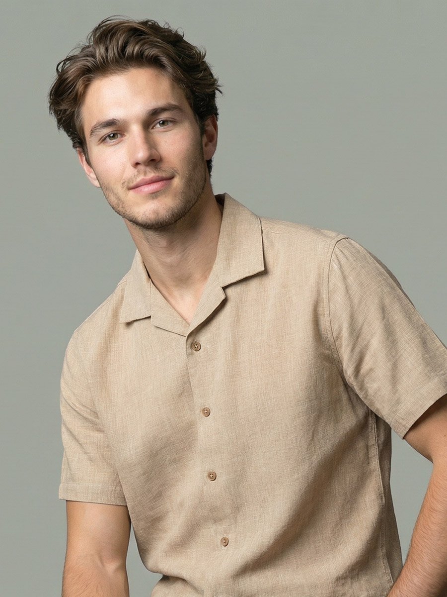 Men Beige Linen Cuban Collar Shirt