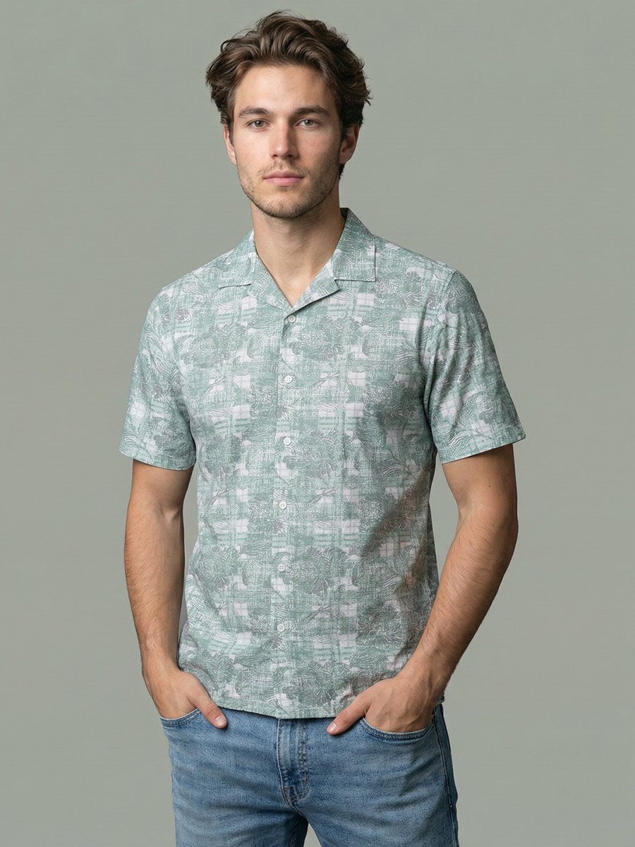 Men Green Floral Print Cuban Collar Shirt