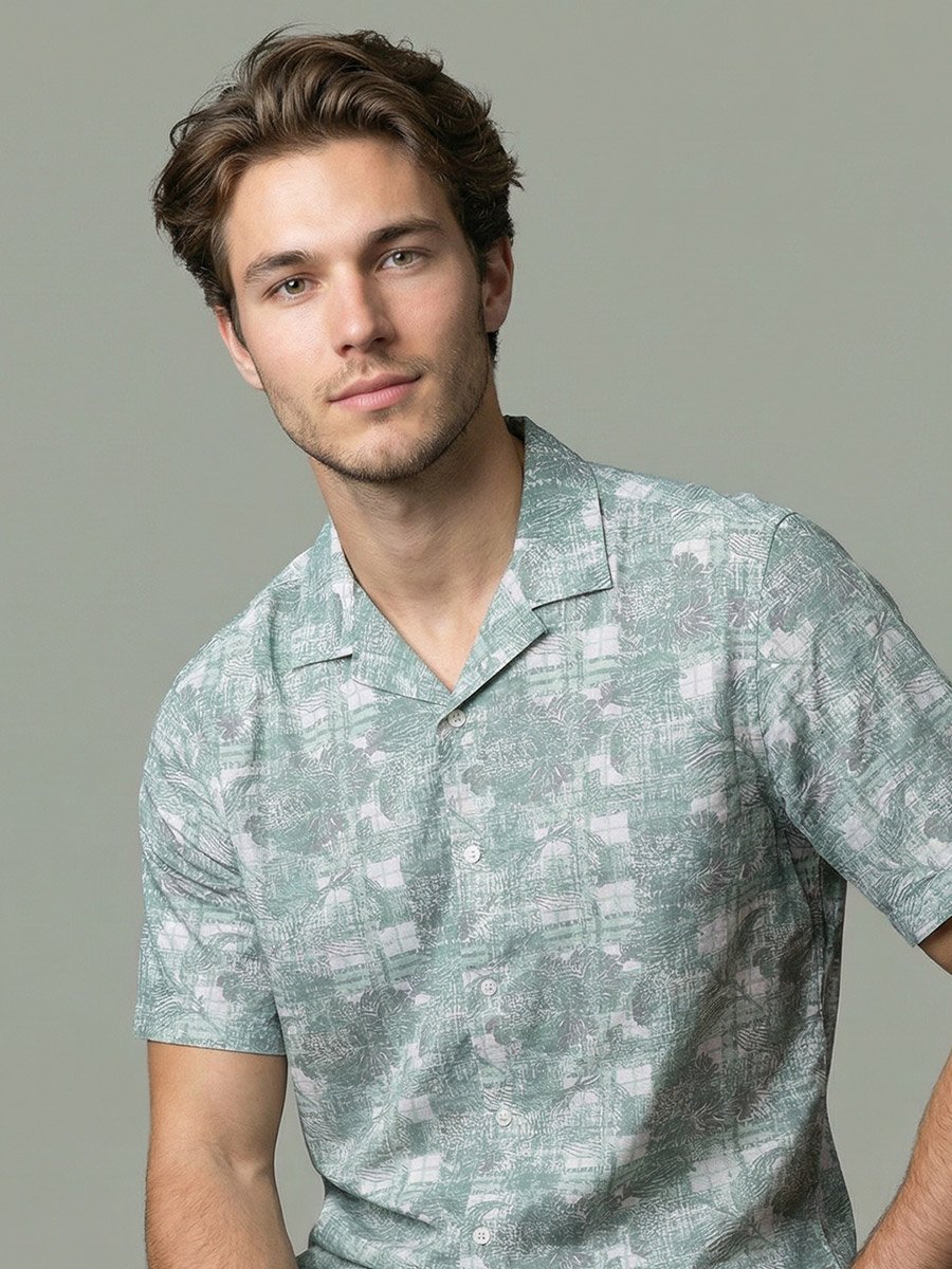 Men Green Floral Print Cuban Collar Shirt